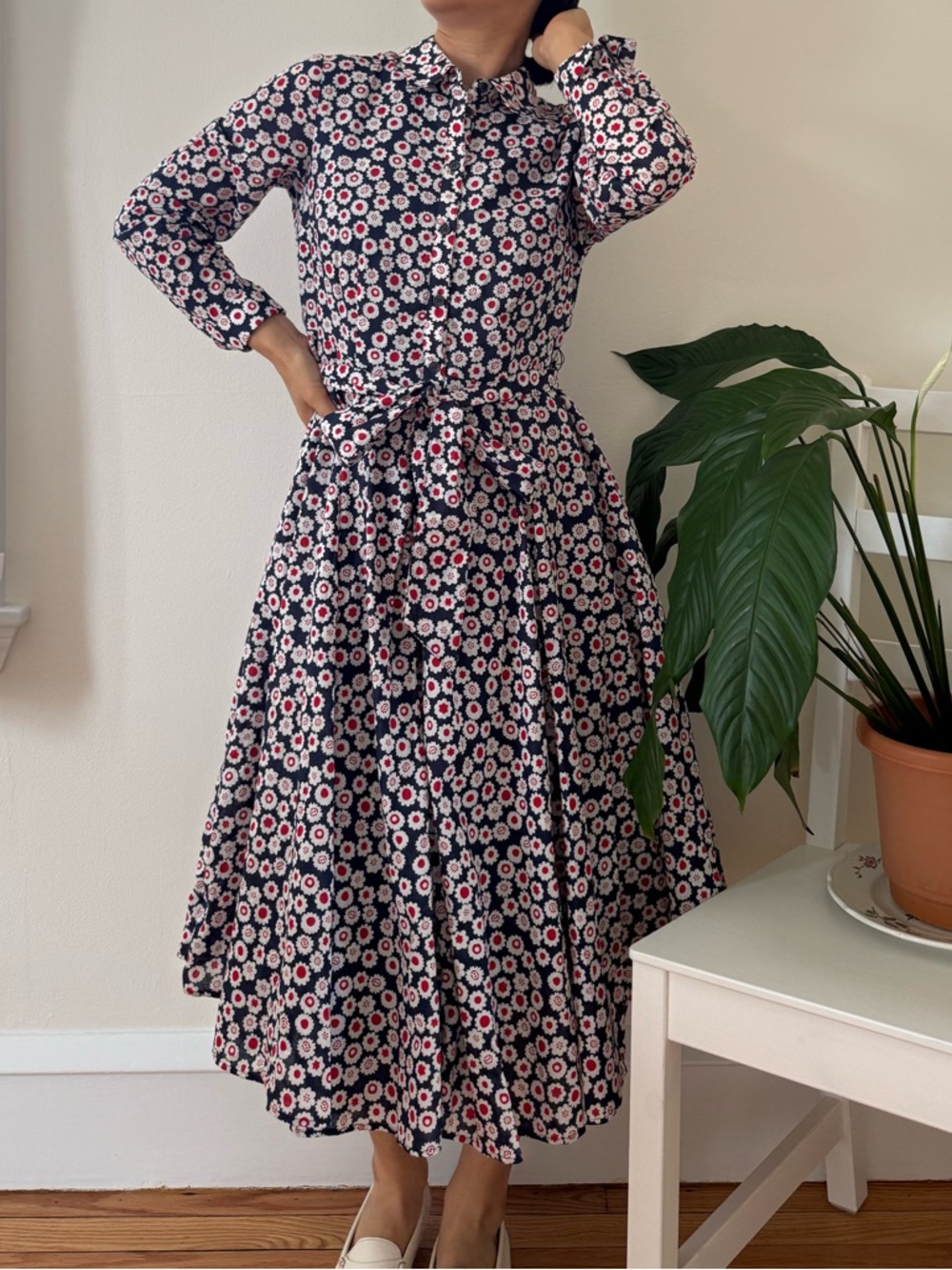 Boden 100% Cotton Floral Button Front Kitty Midi Navy Base Shirt Dress Size 4P